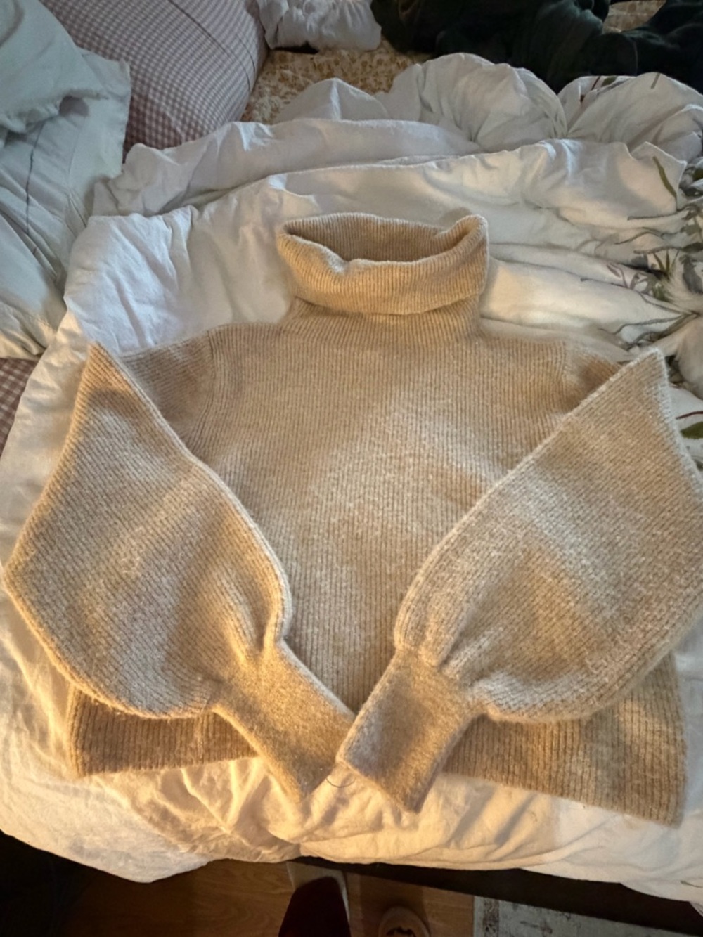 Topshop Cream Turtleneck Balloon Sleeve Sweater